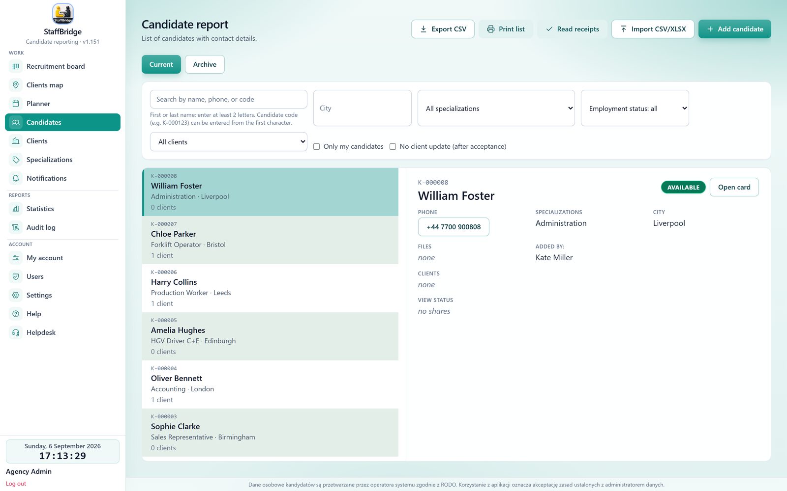 Candidate list in StaffBridge