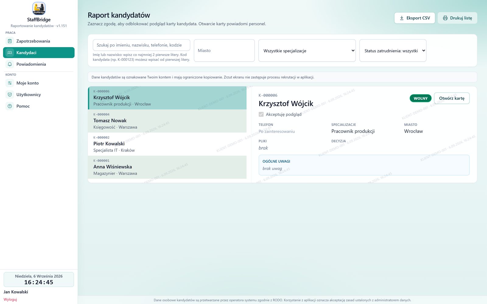 Portal klienta — lista udostępnionych kandydatów